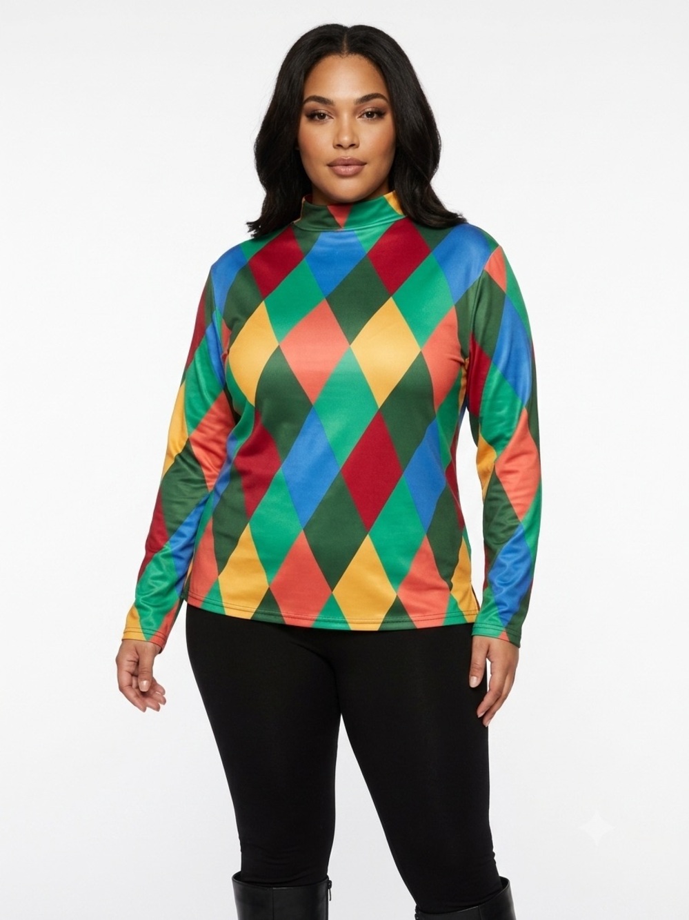 Colorful Harlequin Diamond Print Long Sleeve Top